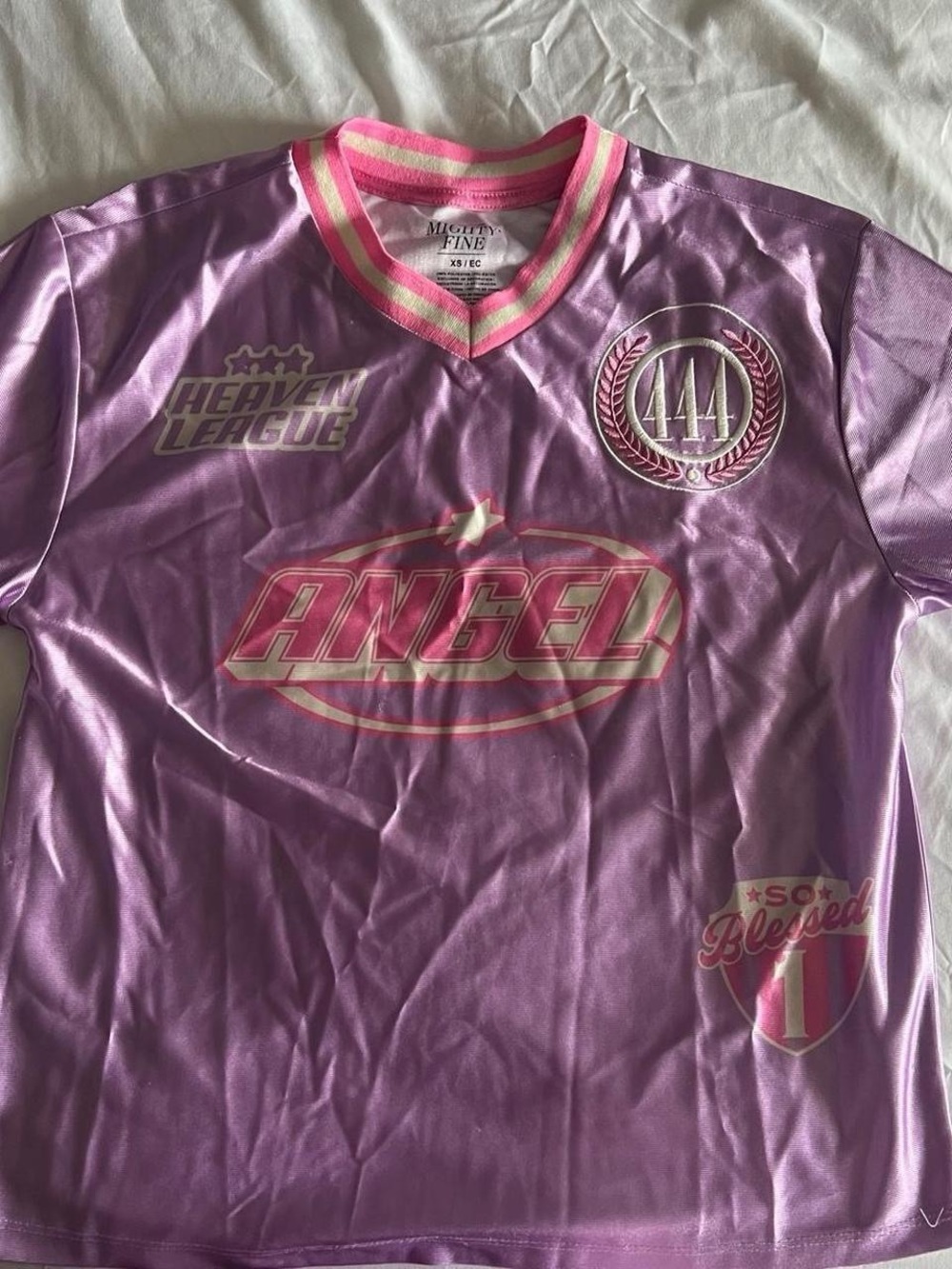 Mighty Fine Purple V-Neck 'Angel' Graphic Kids Jersey with Pink Trim